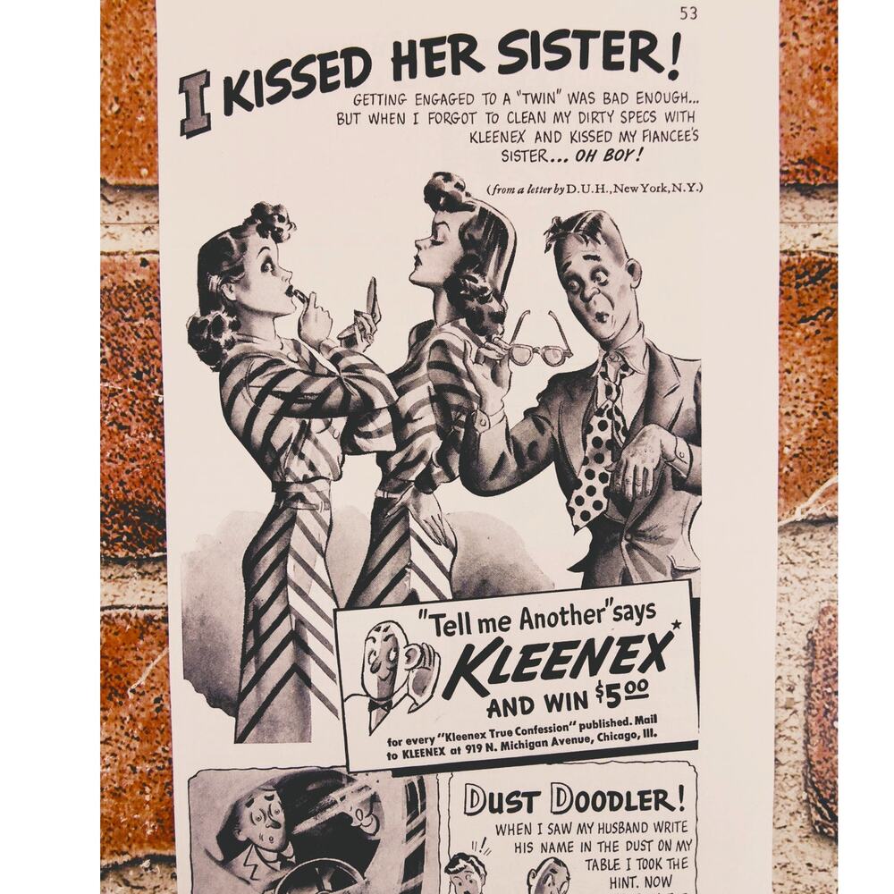 Vintage 1940 Kleenex Funny Print Ad - "I Kissed Her Sister" Humorous Cartoon